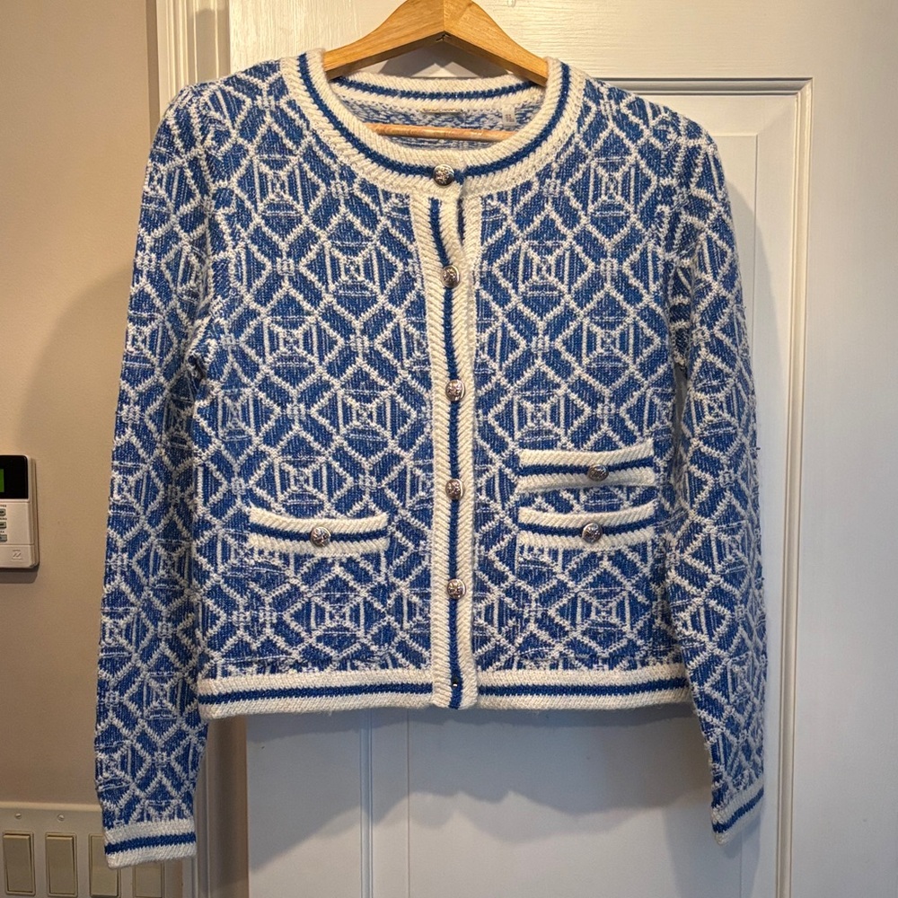 Elie Tahari Blue and Cream Knit Cardigan